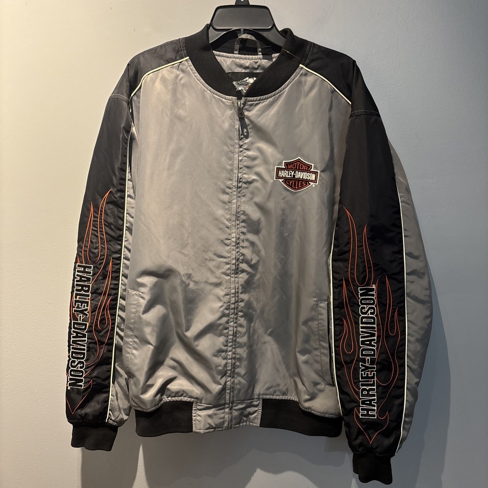 Harley-Davidson Genuine‎ Motor Clothes  Silver/Black Nylon Jacket Sz Large Tall